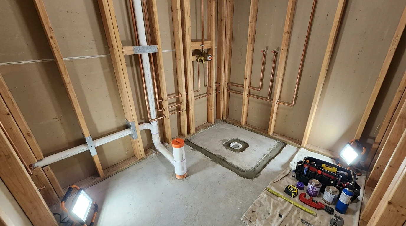 Bathroom rough-in plumbing during remodel by Johns Plumbing LLC in Fort Wayne