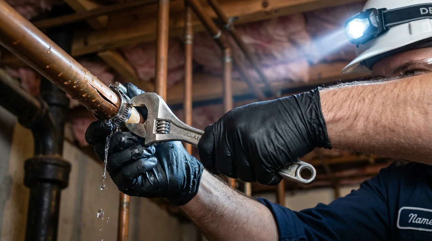 Emergency pipe clamp repair being performed by a Johns Plumbing LLC plumber in Fort Wayne